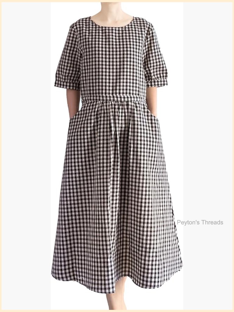 Cotton Linen Short Sleeve Midi Dress With Pockets Plaid